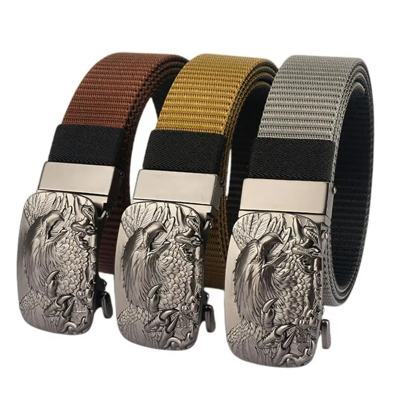 SupSindy Man Double-sided Nylon Belt Eagle Rotate Metal Automatic Buckle Canvas Belts for Men Jeans Waistband Bicolor Male Strap