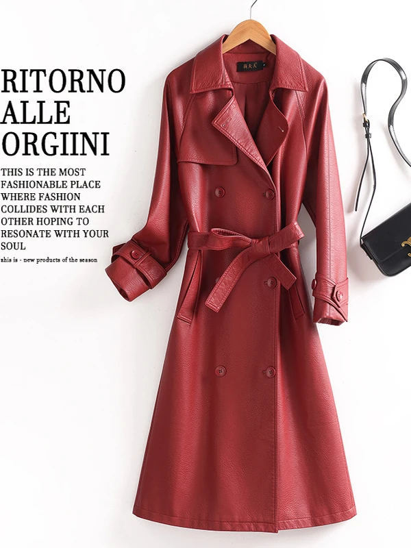   Ning 本革コート レディース ミッドレングス イープスキン スリムフィット 膝丈 ウインドブレーカー ジャエット 韓国風 春秋