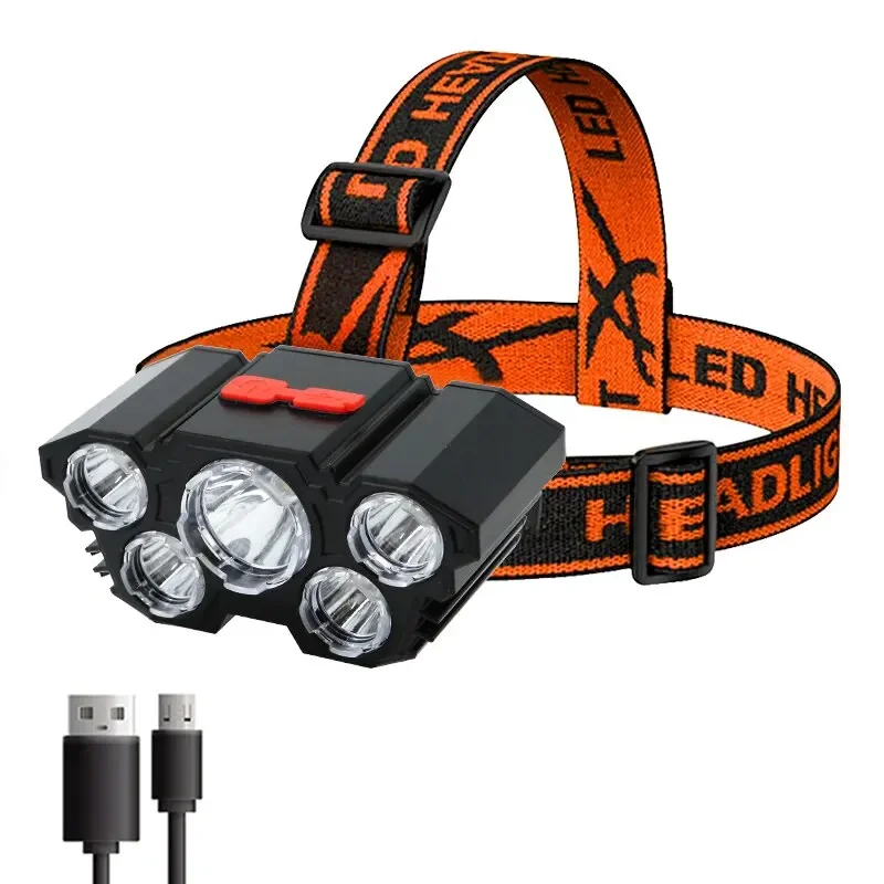 5 LED-zaklamp Oplaadbaar met ingebouwde 18650-batterij Sterk licht Camping Avontuur Vissen Hoofdlamp Koplamp