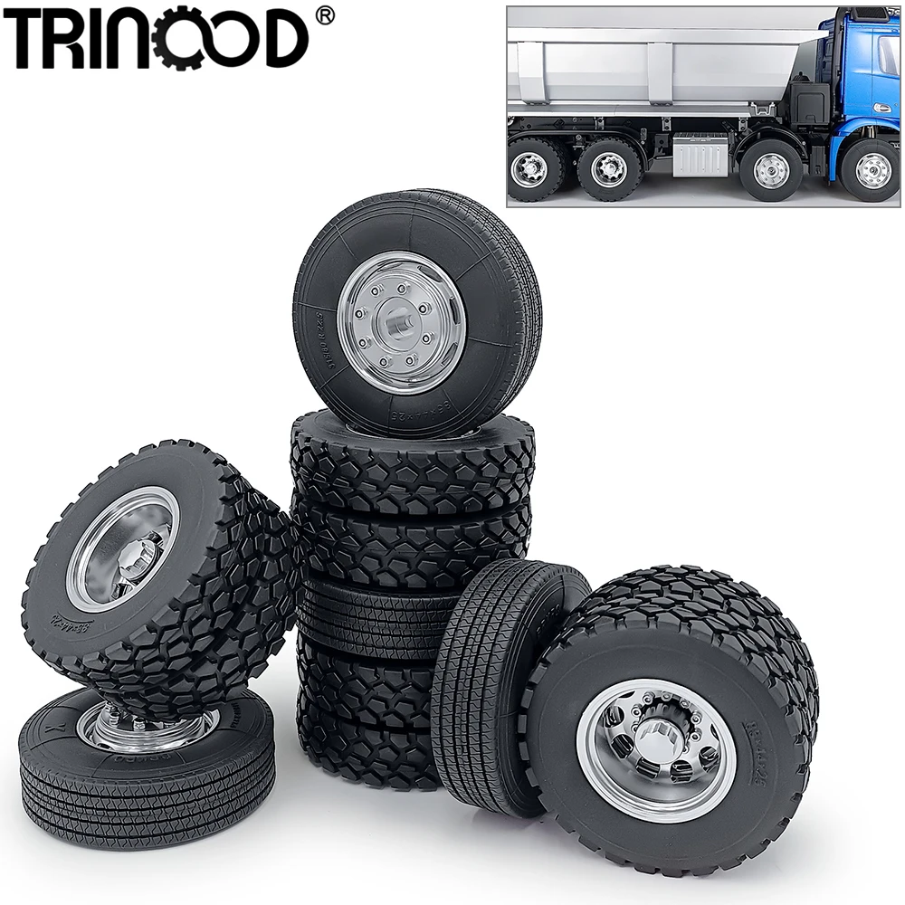 

TRINOOD 8Pcs Front and Rear Wheels Hubs Tires Set for 1/14 Tamiya Truck Tractor Trailer Cargo Engineering Long RC Vehicle Parts