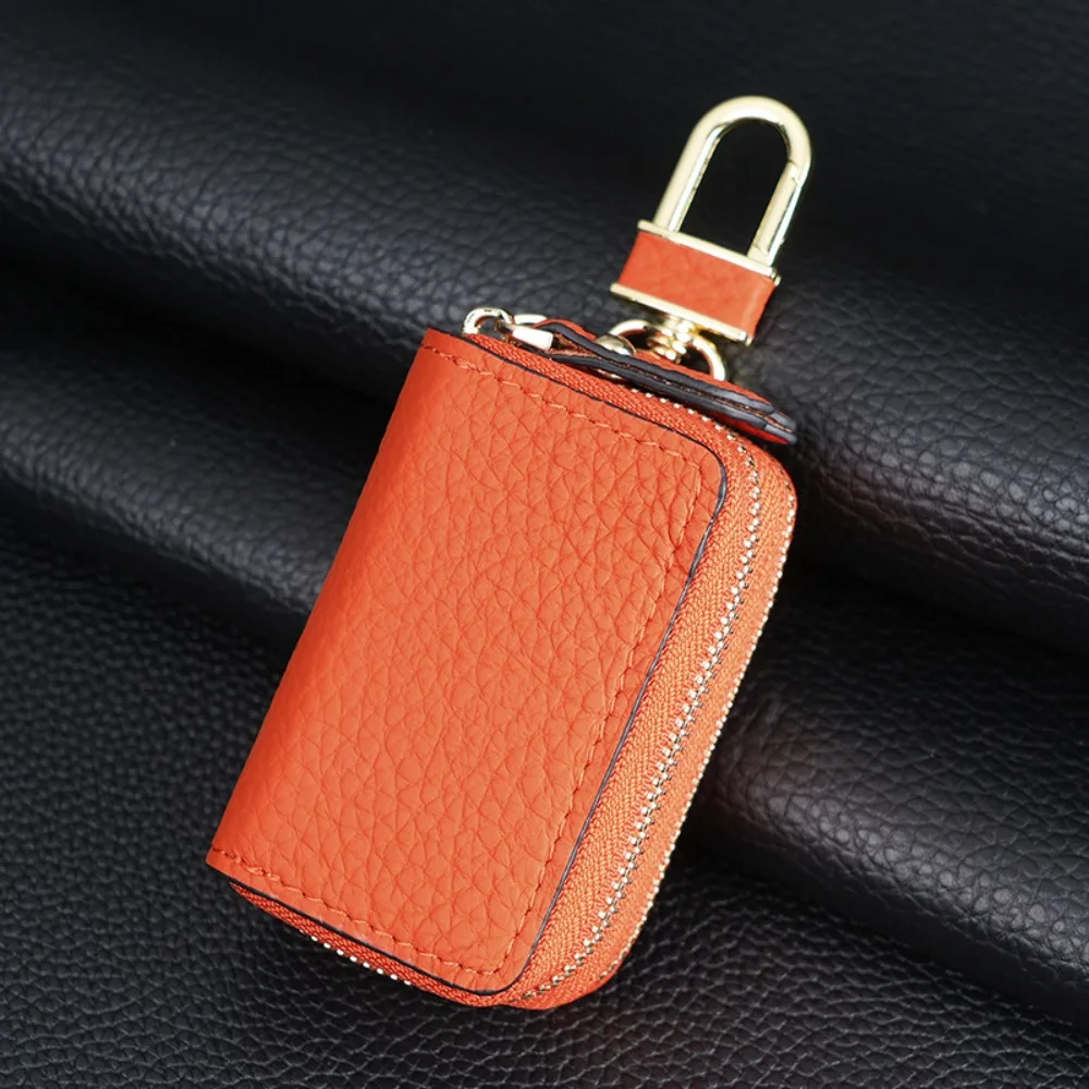 Unisex Double-Layer Car Key Bag Lychee Pattern Top Layer Cowhide Car Key Protection Case Organizer Zipper Household Key Holder