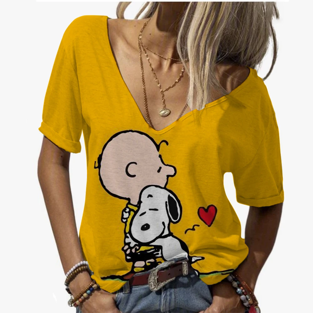 

Women T-Shirt Snoopy print V-Neck Casual Ladies Gradient Female Top Harajuku Girls Short Sleeve Fashion Clothing