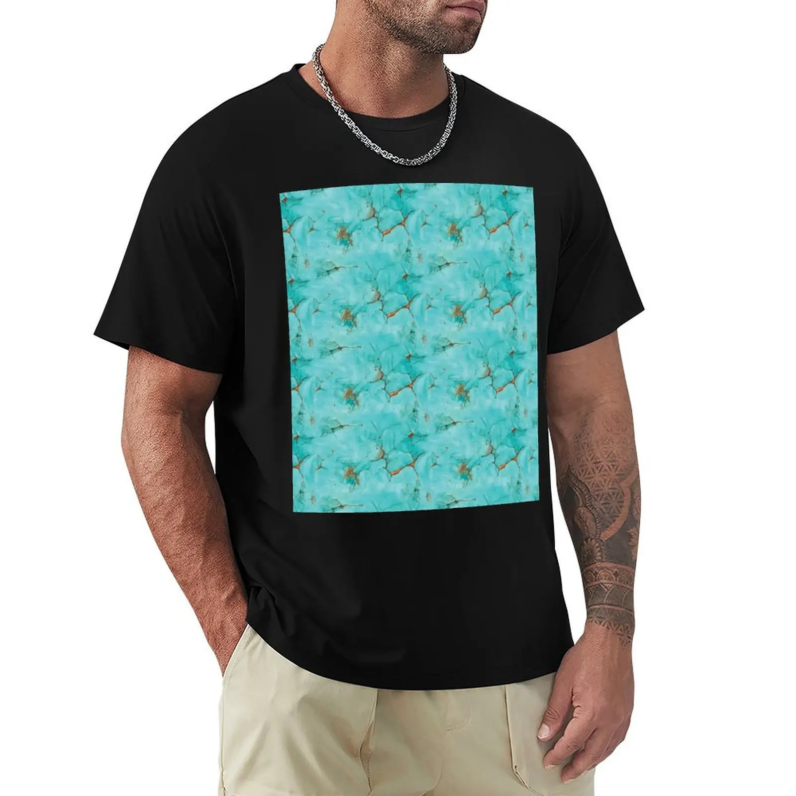 

Hand painted turquoise design T-Shirt funny shirt cotton customs mens white t shirts