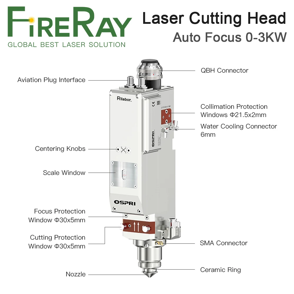 Fireray 0-3KW LC40 ospri หัวตัดเลเซอร์แบบแท่นแบนพร้อมมอเตอร์ในตัวสำหรับเครื่องตัดแผ่นโลหะไฟเบอร์เลเซอร์