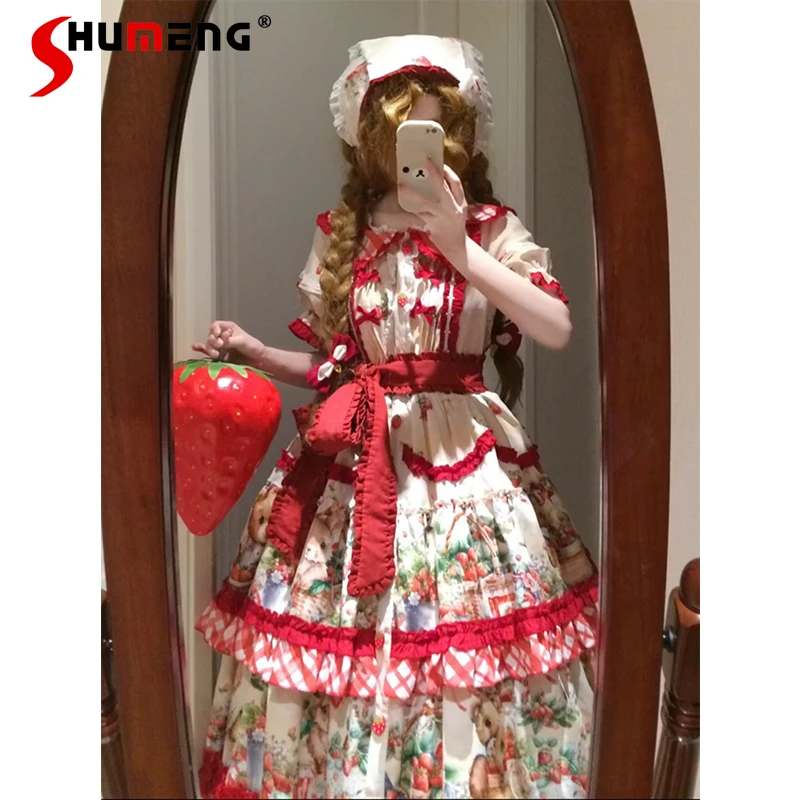 Dolce Orso Stampa Fragola Y2k Abito Lungo Op Ragazze Kawaii Carino Lolita Abiti Grembiule Set Mori Ragazze Cla Principessa Tea Party Dress