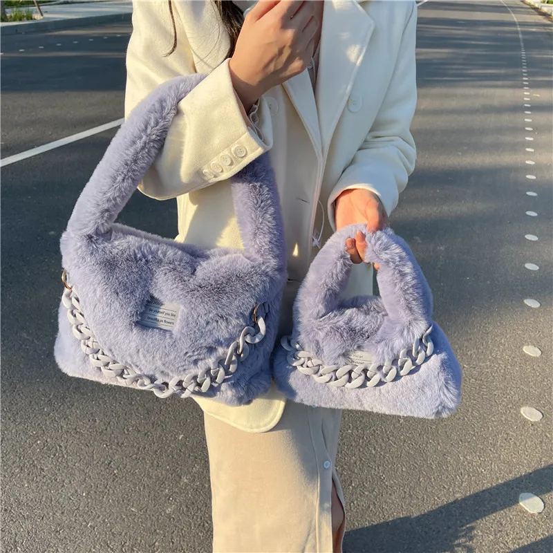 Vintage Plush Shoulder Bag for Women Trendy Designer Handbag and Purses Faux Fur 2023 New Casual Totes Ladies Messenger Bags