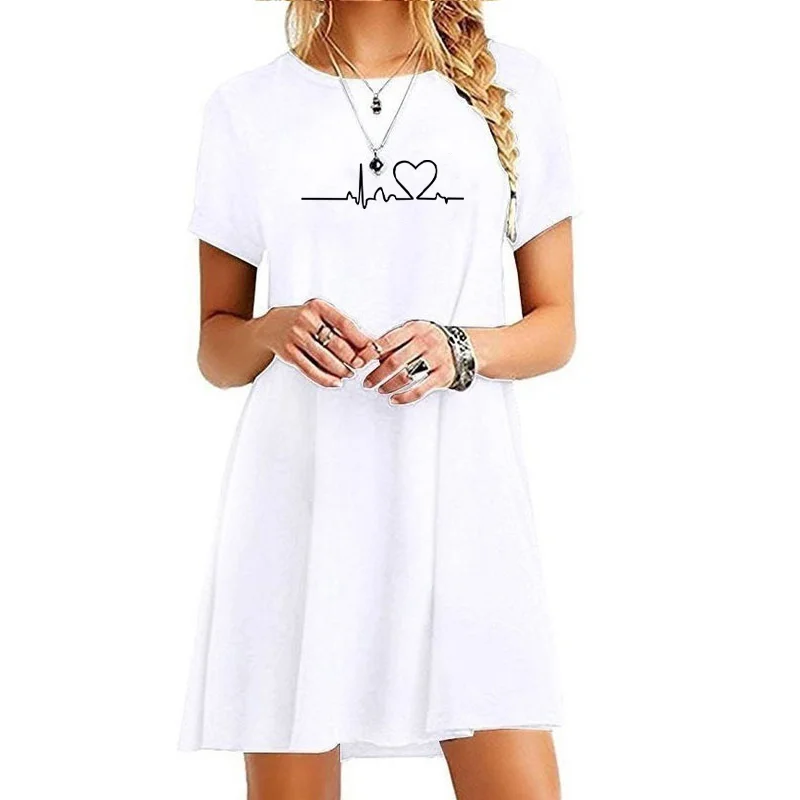 Summer Women O Neck Short Sleeve Solid Color Mini Dress Print Beach Casual Loose Dress 2024 NEW Womens Clothes