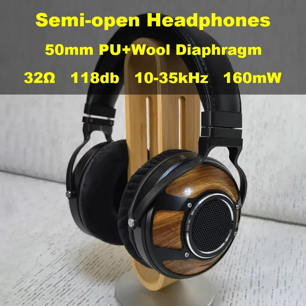 HiFi Headphones Over Ear Semi-open Headphones Wired 50mm PU+Wool Diaphragm Dynamic Driver Headsets for Audiophile Hi-res Audio