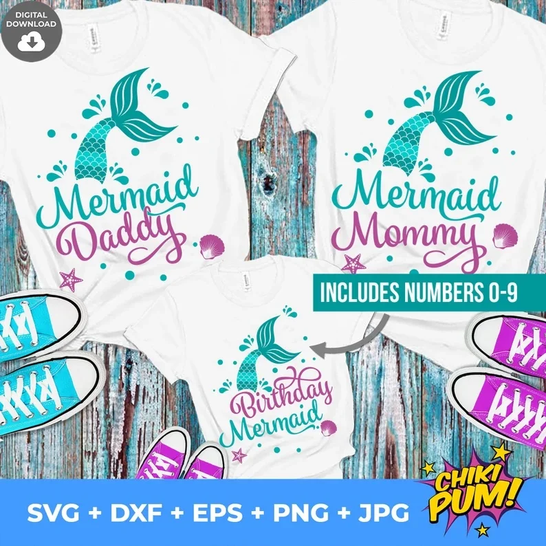 Mermaid Birthday Family Bundle Svg, Mermaid Tail Svg, Mermaid Girl Svg, Mermaid Party Tshirt (include Numbers) White