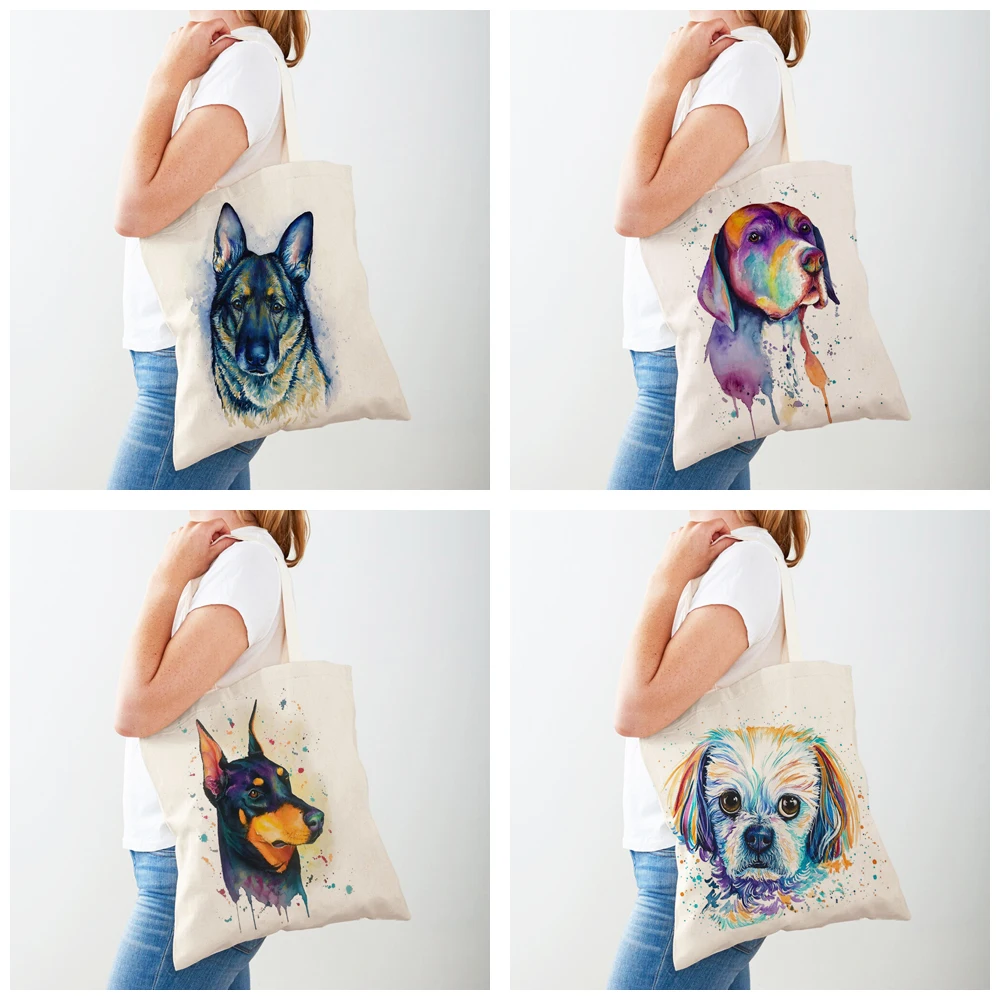 Cute Cartoon Pet Dog Eco Shopping Bag Women Canvas Tote Handbag Reusable Watercolor Animal Lady Shoulder Shopper Bags