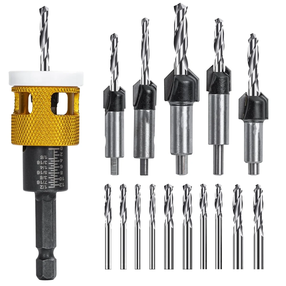 Juego de brocas avellanadoras T88C de 5 uds con tope de profundidad de baja fricción, con broca HSS de repuesto de 10 Uds., tope de profundidad ajustable