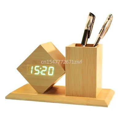 

Multifunctional Table Desk Wooden Pen Holder with Digital Light Emitting Diode Alarm Clock