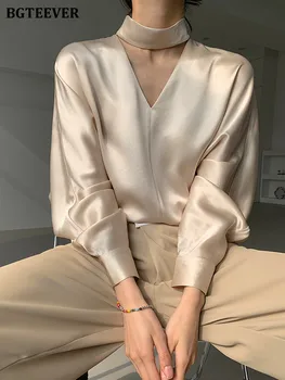 BGTEEVER-jerséis elegantes con cuello en V para mujer, Blusas holgadas de manga larga de satén, Blusas lisas para primavera