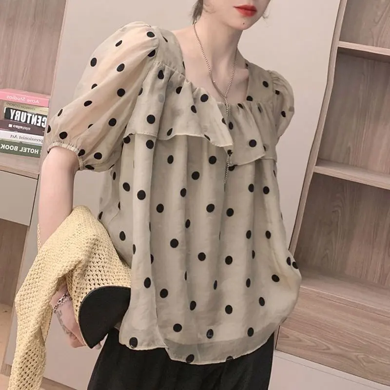 Summer Sweet Polka Dot Printed Shirt Women\'s Elegant Square Collar Ruffles Spliced Loose Casual Puff Sleeve Drawstring Blouse