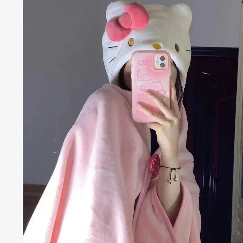 Hellokitty Air Conditioning Blanket Hooded Cute Cloak Student Dormitories Office Blanket Shawl Home Furnishings For Homemakers