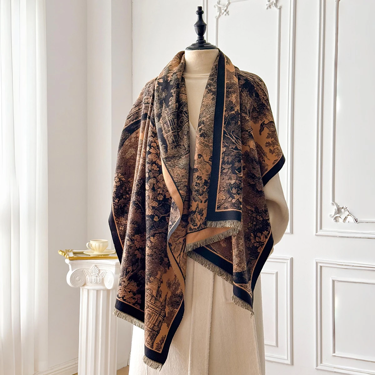 Eleganter Damen-Kaschmirschal im Retro-Stil mit doppelseitigem Landschaftsdruck, Winter-warmer Pashmina-Schal, Foulard-Poncho – Detail 15