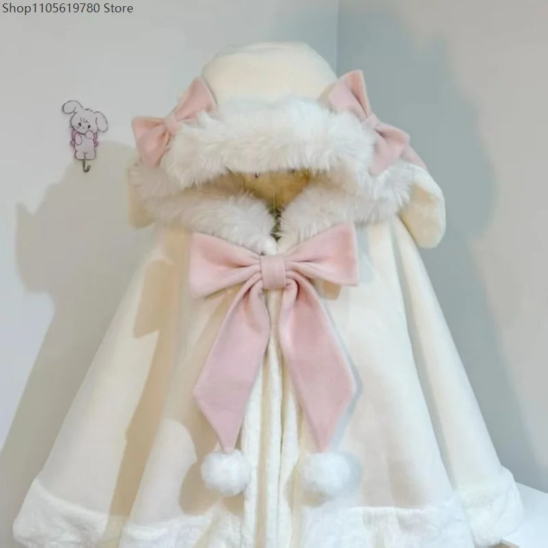 Cloak Coat Hood Rabbit Bunny Ears Fur Cape Jacket Lolita Fleece Women Winter Cute Tweed Shawl Sweet Poncho Warm Outwear 2026