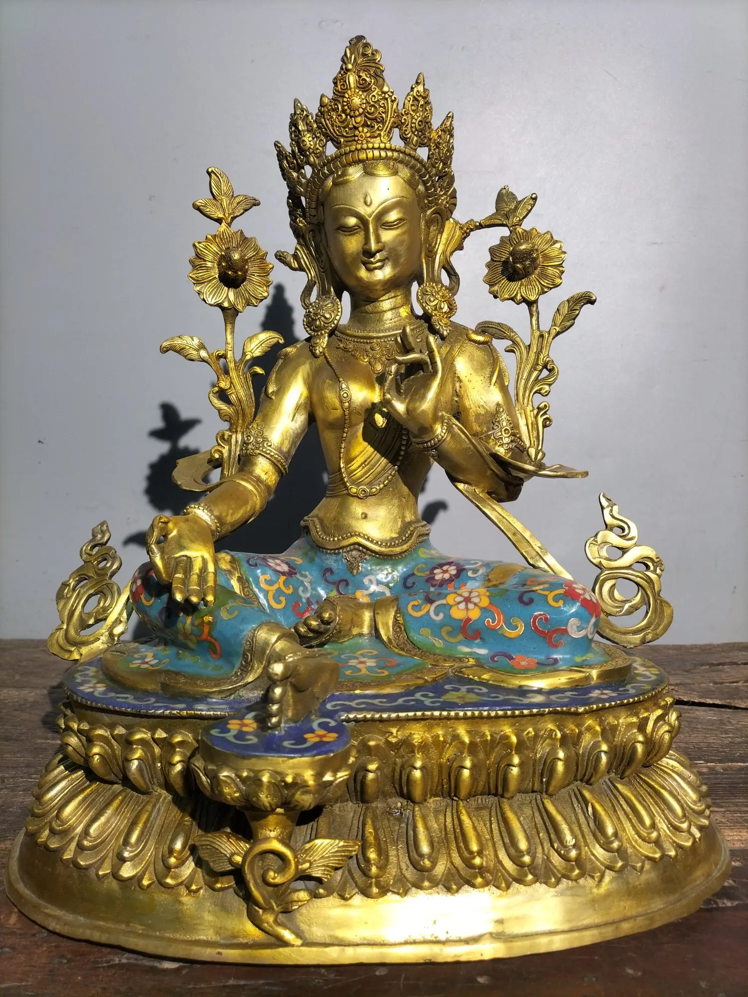 

17"Tibetan Temple Collection Old Bronze Cloisonne Enamel Seven-eyed Tara green tara Buddha lotus platform worship hall