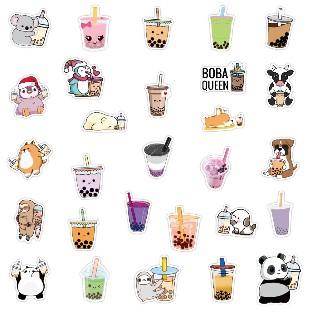 Pegatinas Kawaii de té de burbujas para niños, decoración estética, botella de agua, álbum de recortes, guitarra, portátil, dibujos animados, 10/30/50/100 Uds.