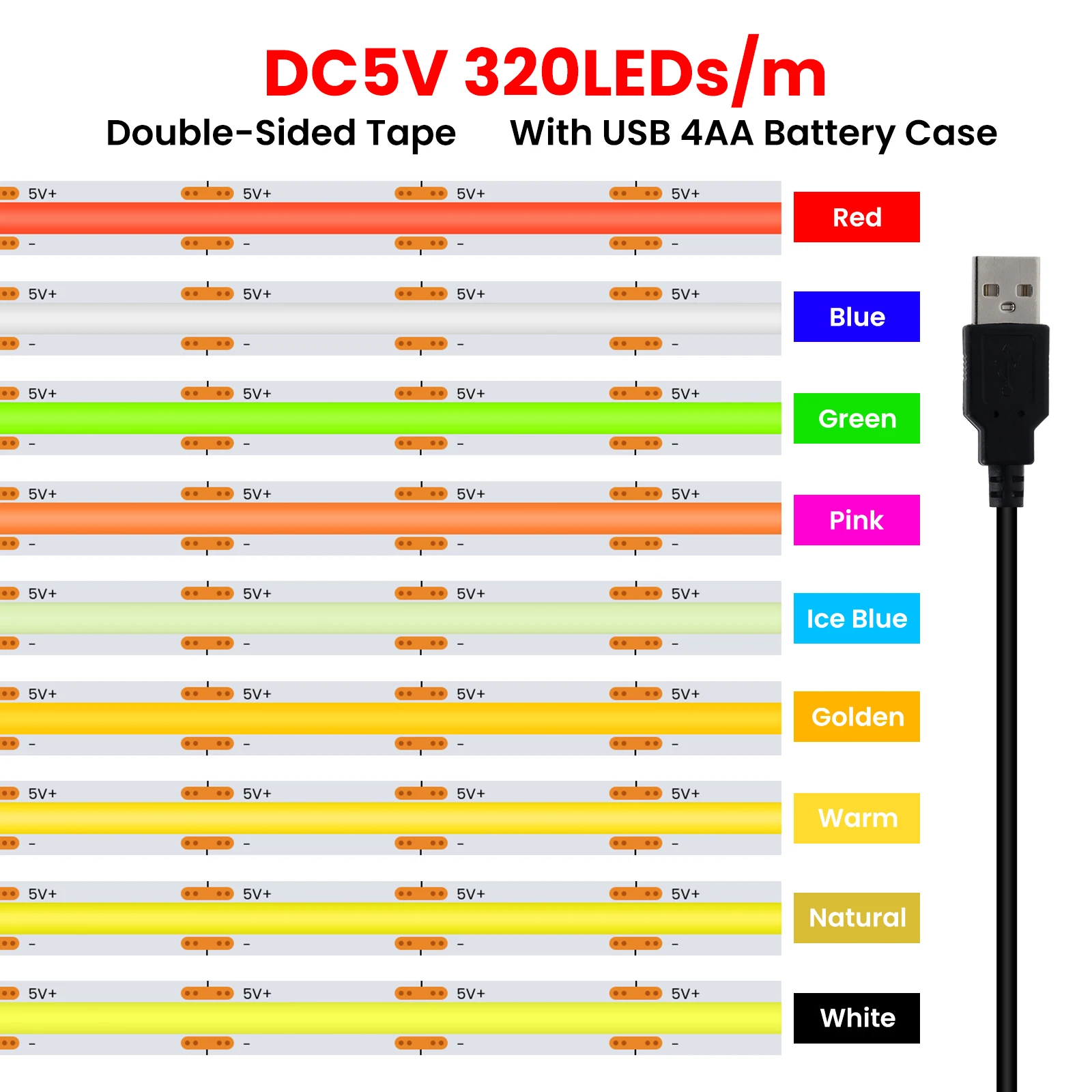 DC 5V USB COB Strip 320Leds/M With Battery Box White/Red/Blue/Pink/Yellow/Green Home Decor Flexible Ribbon Rope LED Light