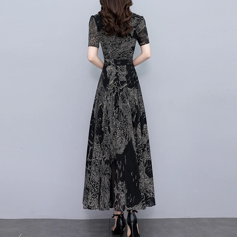 2023 sommer Neue Casual Floral Chiffon Kleid für Frauen Elegante Schwarz Vintage Kleider Bodycon Chic Prom Party Nacht Lange Vestidoss