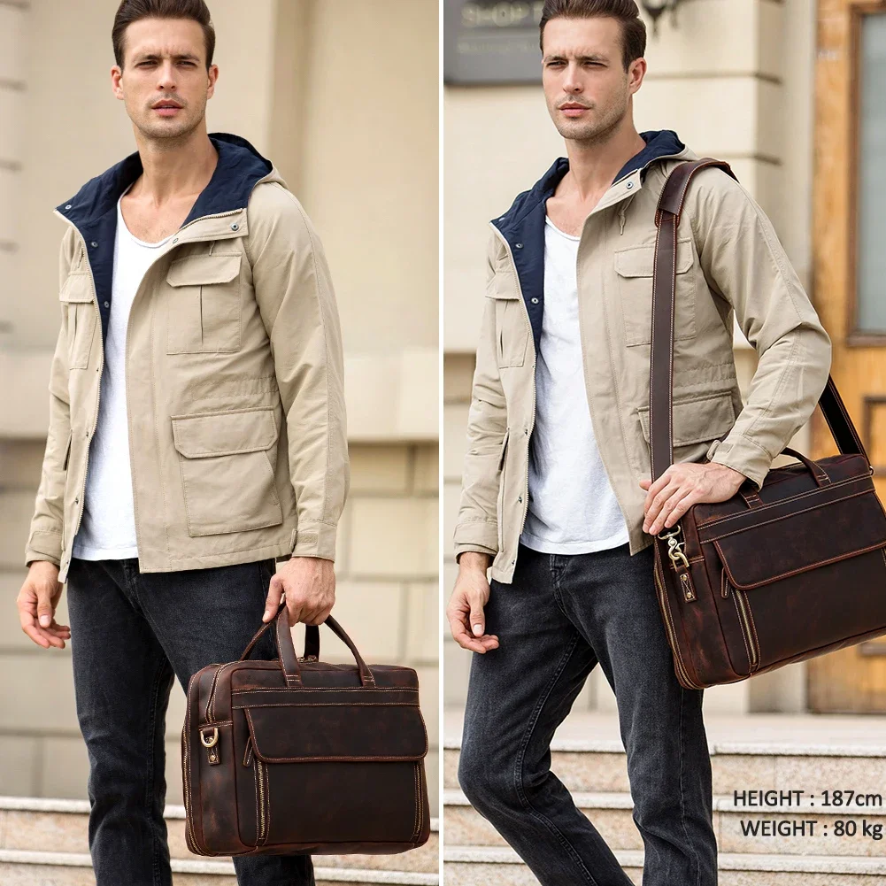 Hot Sale Fashion Style Crazy Horse Leather Bag Men Large Capacity 17 inches Genuine  Laptop  Briefcase