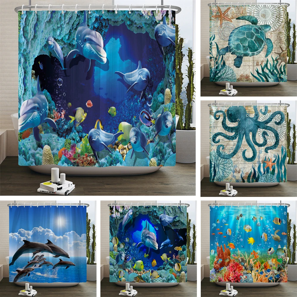 

Understand Seabed Turtle Shower Curtain Octopus Dolphin Ocean Marine Animal Bath Partition Curtain Waterproof Curtain With Hooks