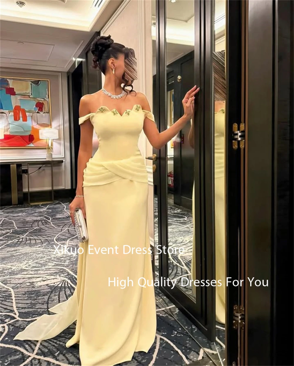 Xikuo gracioso amarelo cetim vestidos de baile sereia cristal vestidos para eventos fora do ombro arábia saudita vestidos de noite personalizados