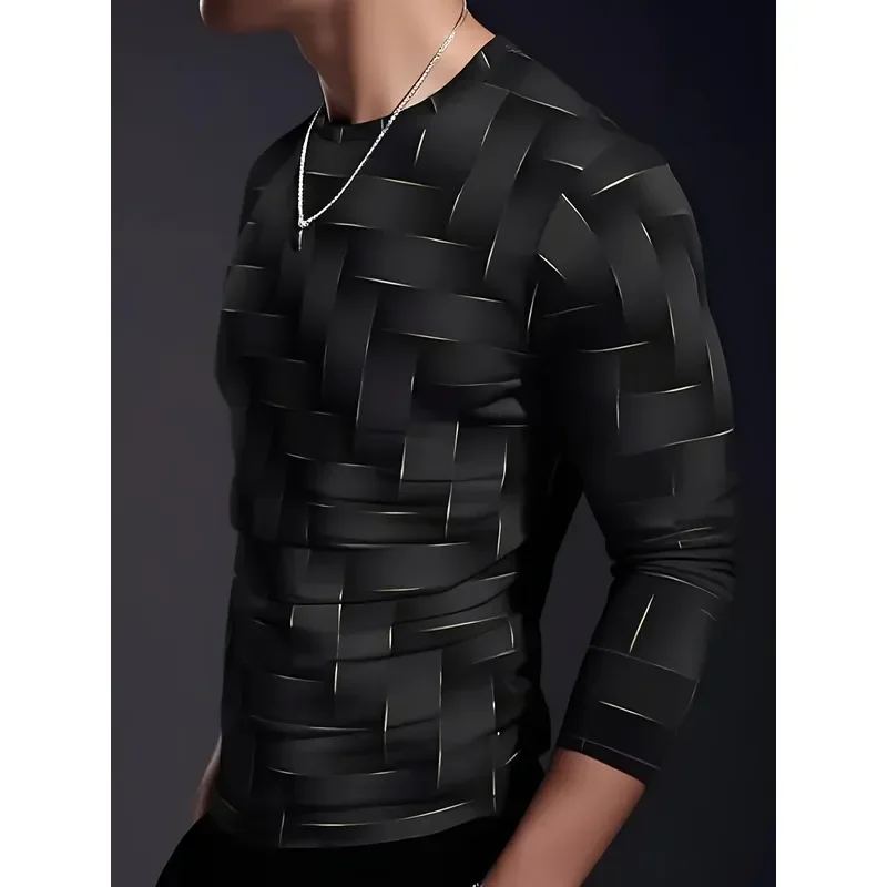 Camiseta de manga larga casual para hombre, estampada en 3D, 2026, negra, con patrón geométrico de cuadrícula, transpirable, top deportivo para gimnasio, senderismo, ajuste cómodo