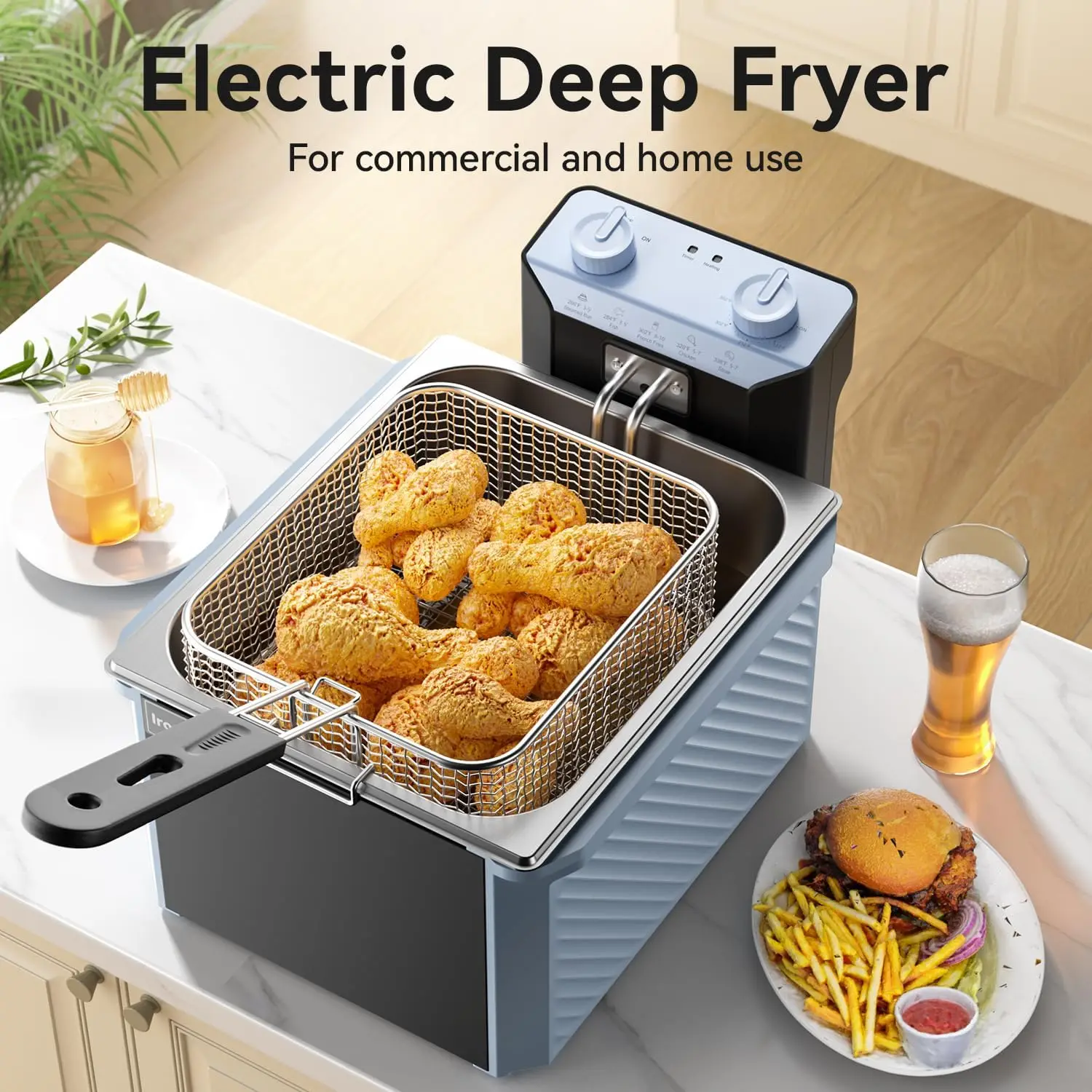 Friteuse électrique en acier inoxydable, 1700W 10.6QT, avec grands paniers et contrôle précis de la température, pour restaurant ou maison