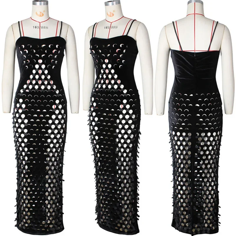 High Street Spaghetti Strap Maxi abiti in velluto per le donne Evening Night Party Celebrity Hollow Out See Through Prom Long Dress