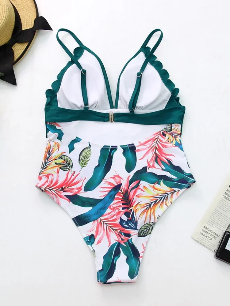ชุดว่ายน้ําเอวสูงผู้หญิง One Piece ชุดว่ายน้ําเซ็กซี่ V คอ Push Up Halter Scallop Trim ชุดว่ายน้ํา Beachwear บราซิล Monokini