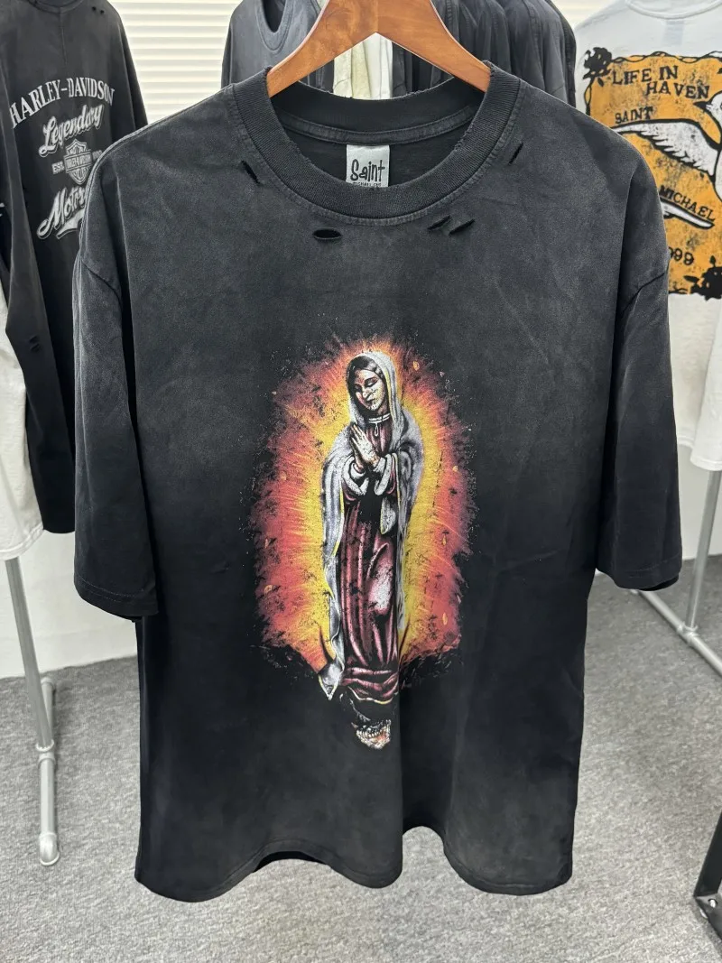 2025 SAINT T-shirt Jesus Printed T shirts Men Women Best Quality Washed Top Tees Thick Heavy Cotton Short Sleeve Tees