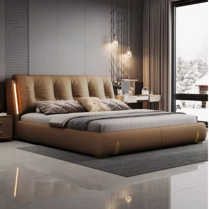 

180x200cm Italian luxury Double bed queen frame Nordic Wedding bed With light lamp king size queen cama casal bedroom furniture