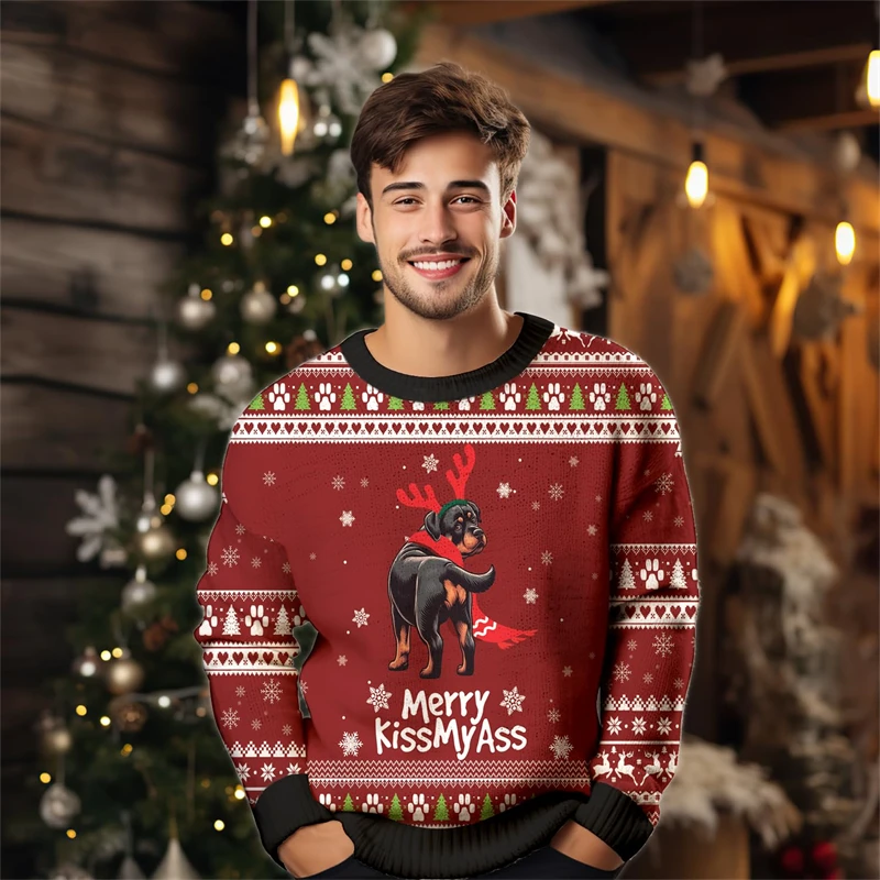 Christmas Dogs Series Graphic Pullover Sweater For Men Funny 3D Printed Crewneck Sweatshirt Fall Fashion Pullover Mens Clothing