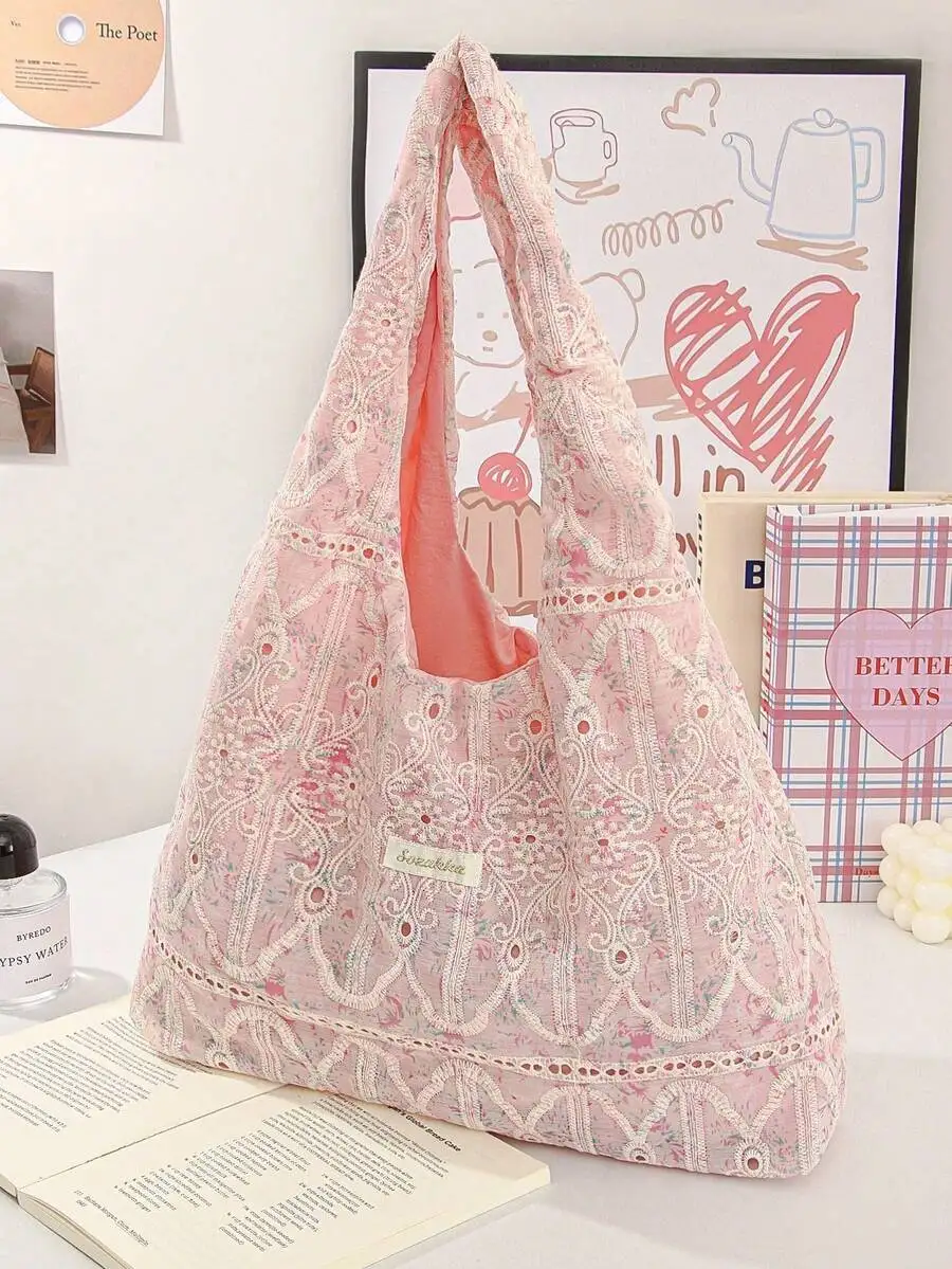 

Pink Lace Floral Casual Tote Bag Large Capacity Shoulder Handbag For Women