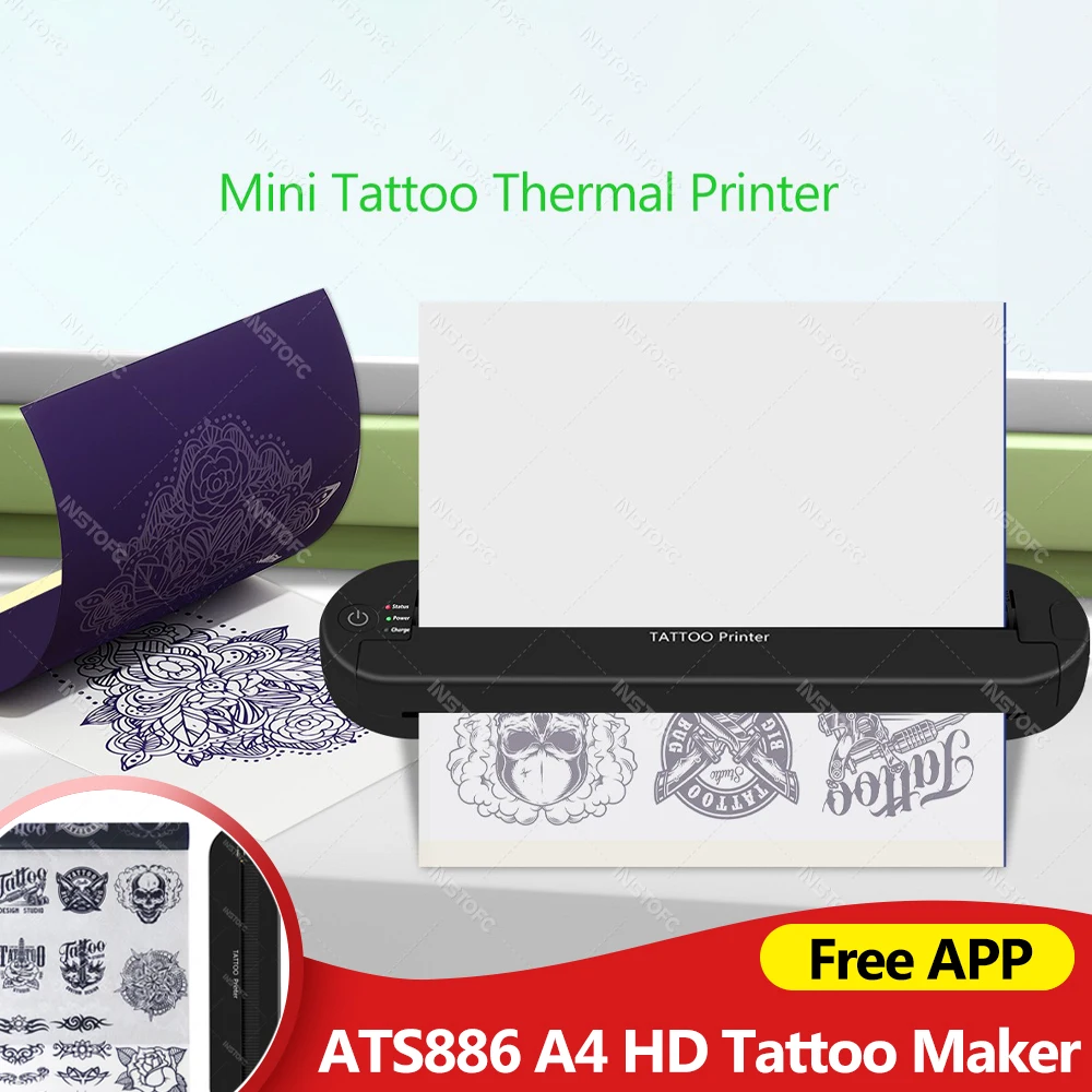 Inkless Portable A4 Thermal Tattoo Transfer Printer Bluetooth Tattoo Template Maker HD Printing Free App ATS886