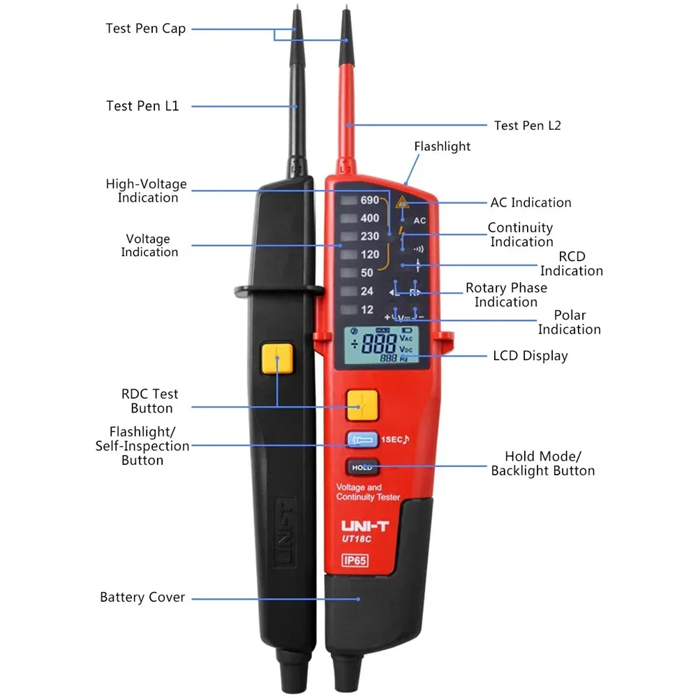 

UNI-T UT18C 0~690V AC DC Voltage Testers LCD Display Auto Range IP65 Waterproof Meter No Power Test Function