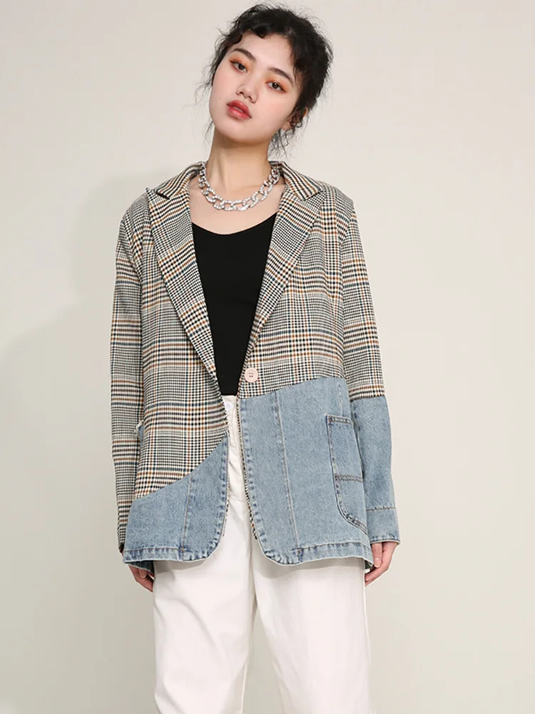 [EAM]  Women Blue Plaid Denim Big Size Blazer New Lapel Long Sleeve Loose Fit  Jacket Fashion Tide Spring Autumn 2024 1DD641005