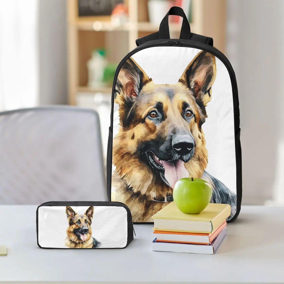 Watercolor German Shepherd Backpack Boys Girls BookBag School Bag Shoulder Bags 3ps Insulated Lunch Bag Pencil Case