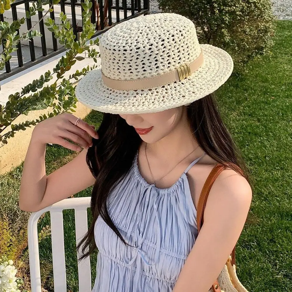 

Lightweight Beach Hat Leather Strap Wide Brim Sun Hat, Breathable Hollow Weave Summer Hat for Outdoor Travel