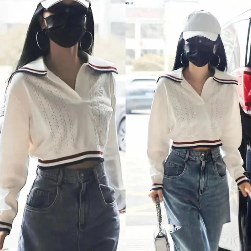 

White Knitted Hollow out Denim Jeans Women's High Waist Cotton Stretchy Spring 2023 Fashion Hole Design School Style Top
