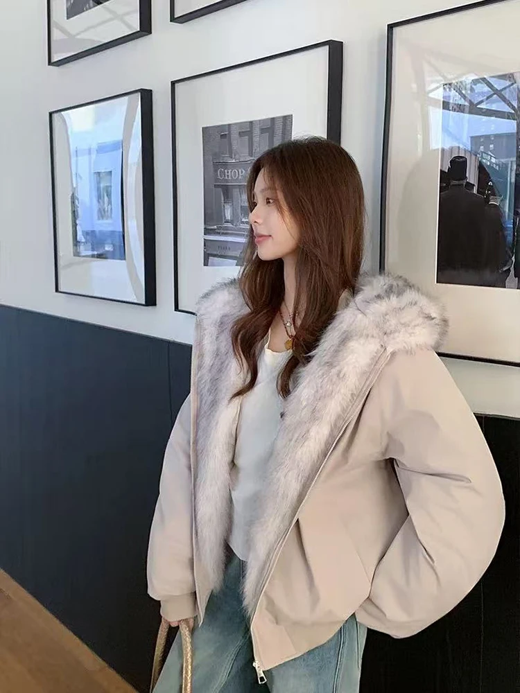 

Зимние волосатые теплые парки для женщин Y2K, американская уличная одежда со свободным меховым воротником, пальто с капюшоном, модная универсальная верхняя одежда на молнии, новинка