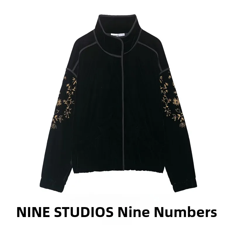 

NINE ZAR женская бархатная хлопковая куртка с высоким воротником и вышивкой, свободная повседневная верхняя одежда, длинная молния све, цветочный узор с растениями