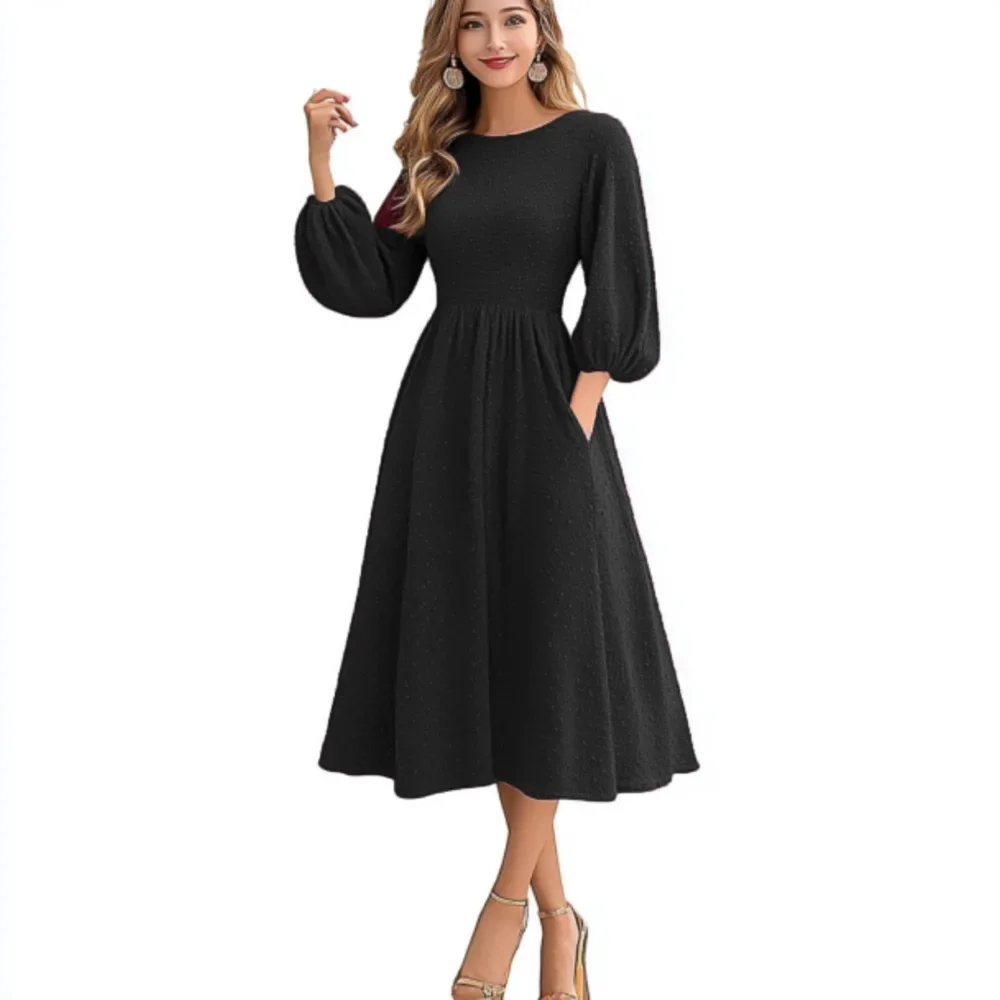 Autumn Hot Sale Of The Season Women's Casual Fashion Pure Color Long Sleeve Dress Elastic Waist Long Dress Polyester