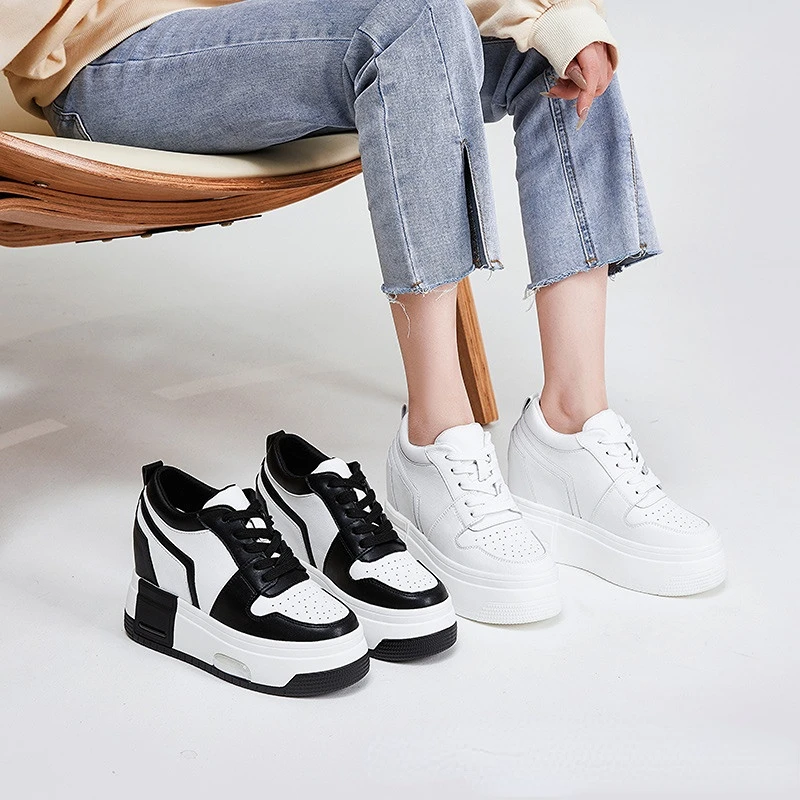 Fujin 10cm Cow Genuine Leather Women Wedge Shoes Platform Sneakers High Heel Autumn Spring Casual High Brand Chunk Sneaker Shoes