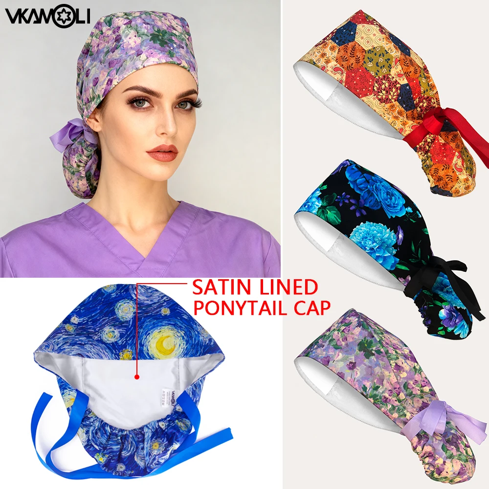 Flower printed long hair surgical cap with satin lined Doctor Nurse Head cap Ladies Scrub hat