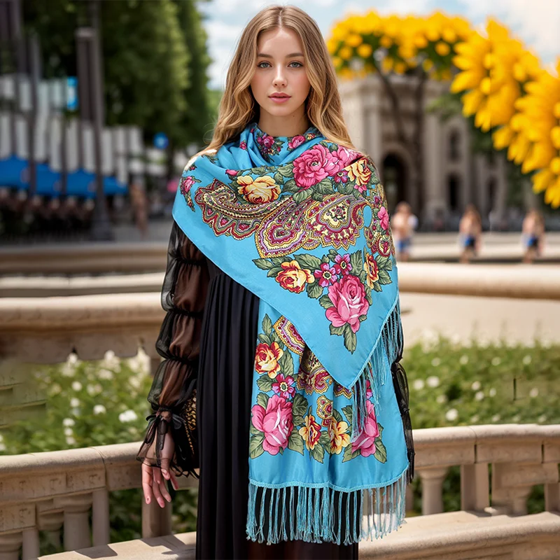 Russian Style Floral Print Long Scarf Women Ethnic Fringed Bandana Shawl Babushka Handkerchief Female Blanket Vintage Head Wraps