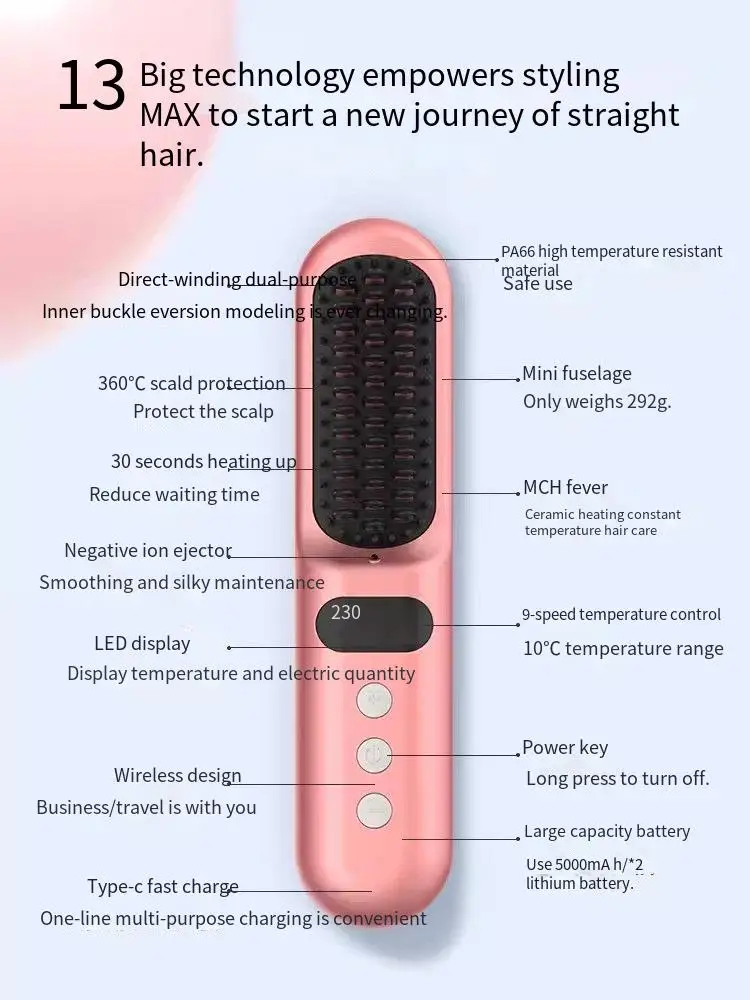 Kgke Zero Dye Straight Hair Comb Portable Wireless Comb Negative Ion Non Harmful Air Bang Inner Buckle Anti Scalding Curly Hair