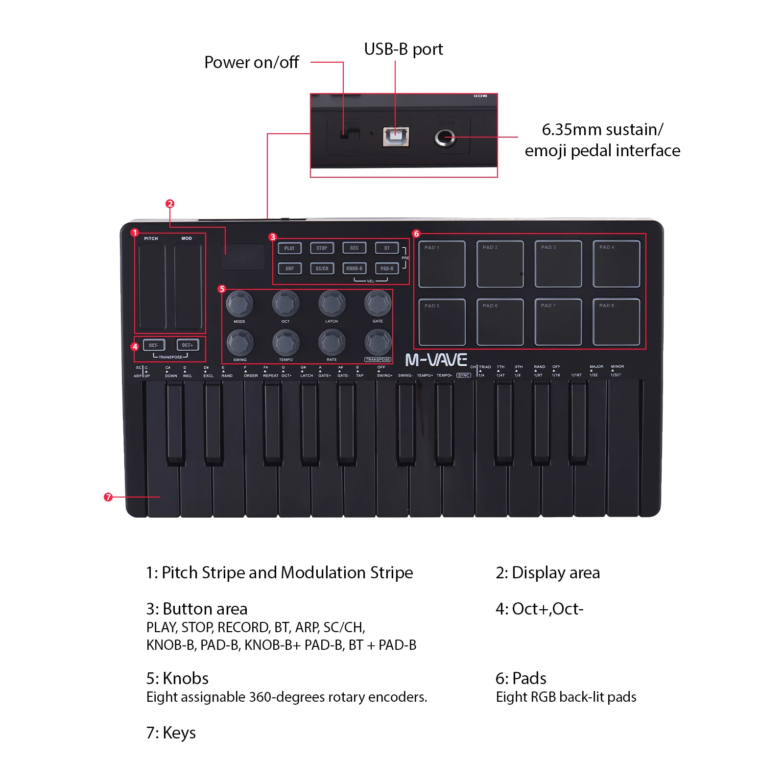 MIDI Keyboard Controller Beat Maker Machine Rechargeable 25 Keys MIDI Keyboard Arranging Strike Pad RGB MIDI Assignable Knobs